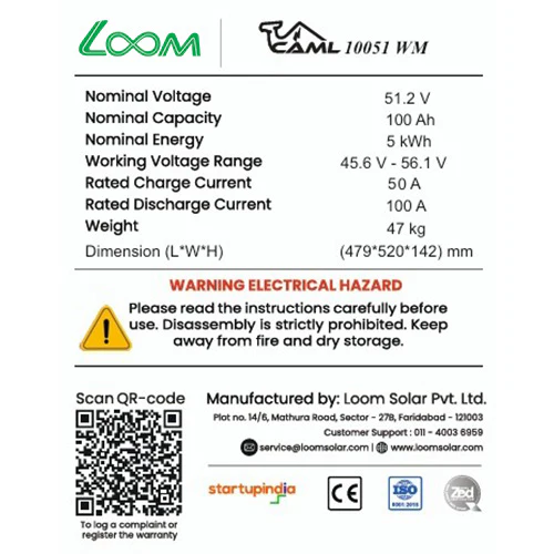 CAML 5.12 kWh (100Ah, 51.2V) LiFePO4 Battery – Wall Mount