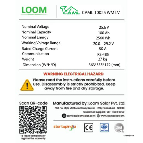 CAML 2.56 kWh (100Ah, 25.6V) LiFePO4 Wall-Mount – Lithium Battery
