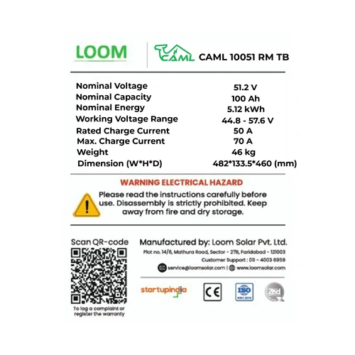 CAML 51.2 V 100 Ah, 5.12 kWh Rack-Mount Lithium Battery